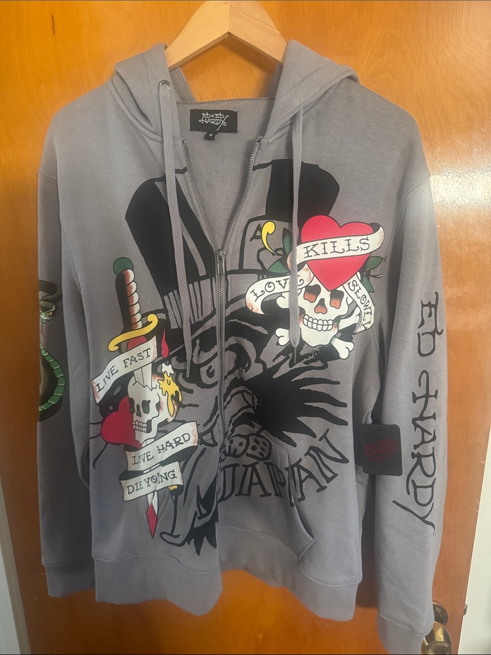 Ed Hardy Hoodie Mens Medium Gray Fleece Full Zip